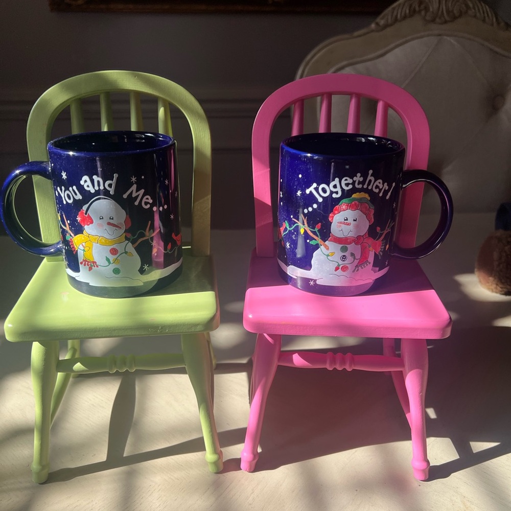 Set of 2 Snowman Mugs "You and Me Together"  Cobalt Blue Background 3.5"